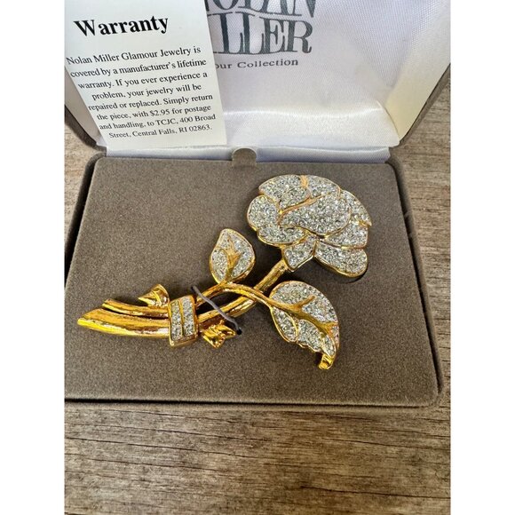 Nolan Miller Brooch The Pave Rose Pin Gold Tone Crystal Rhinestones.New in Box - Picture 2 of 4